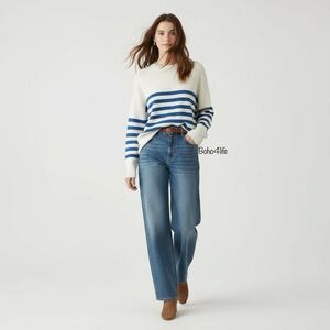 $88 NWT Truth by Republic Ivory Blue Stripes Women's Soft Mock Neck Sweater Sz L